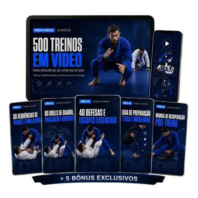 Mockup do Jiu Master: 500 treinos em vídeo no tablet e no celular com os 5 bônus exclusivos
